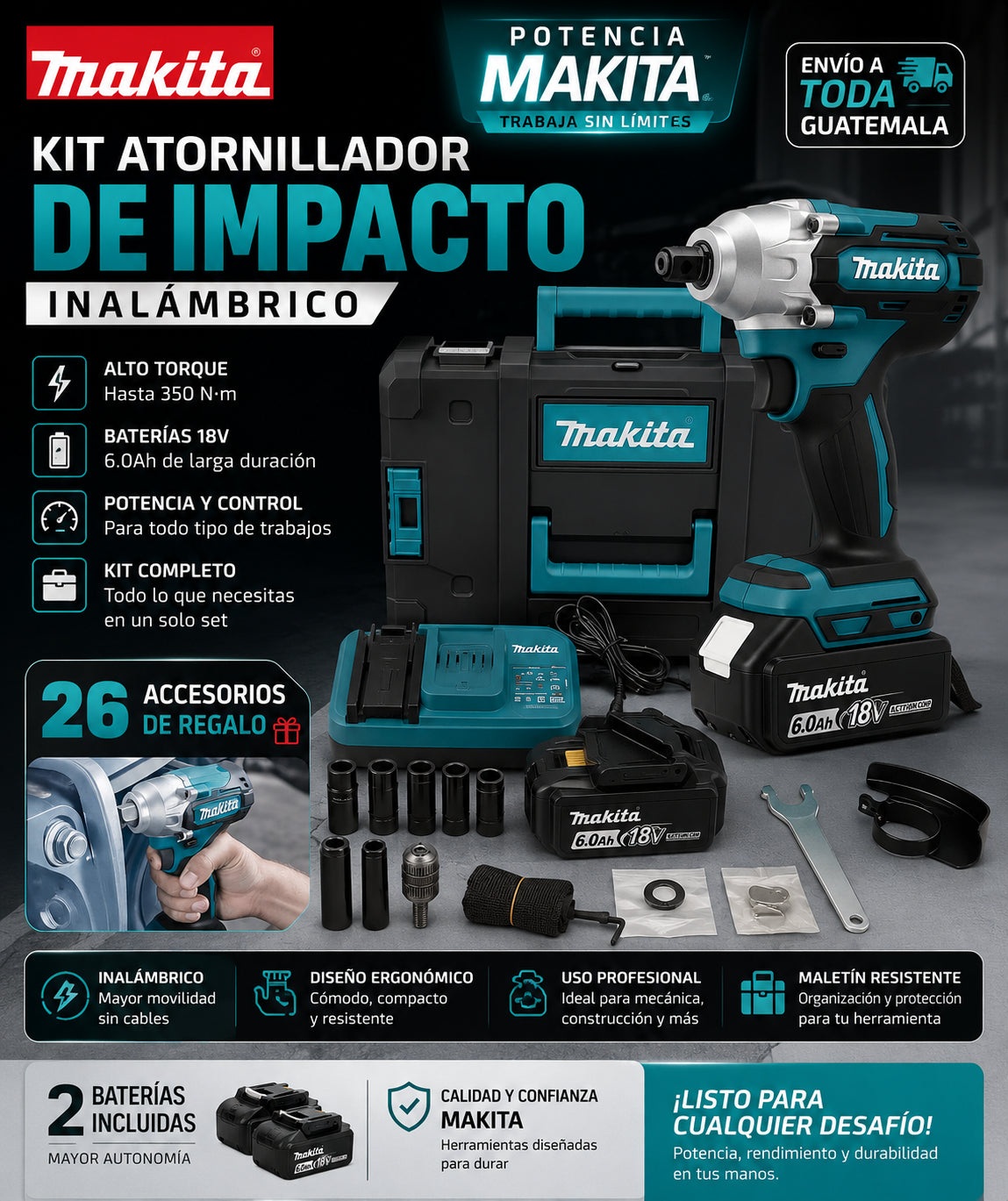 Kit Atornillador Pistola de Impacto Inalámbrico Makita + 2 Baterías y 26 Accesorios Regalo (Copia)