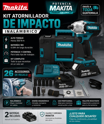 Kit Atornillador Pistola de Impacto Inalámbrico Makita + 2 Baterías y 26 Accesorios Regalo (Copia)