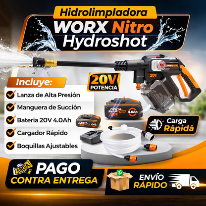 HIDROLIMPIADORA WORX NITRO HYDROSHOT 24V - MOTOR BRUSHLESS 56 BAR CON BATERÍA 4.0Ah Y CARGADOR