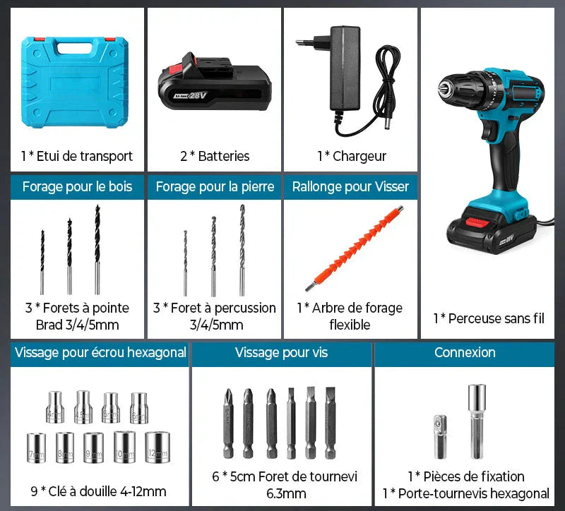[2X1 OFERTA BLACK FRIDAY] - KIT TALADRO INALÁMBRICO y IMPACTO + 26 ACCESORIOS TT + 2 BATERIAS REGALO