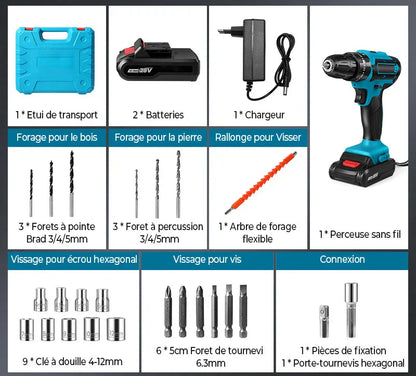 [2X1 OFERTA BLACK FRIDAY] - KIT TALADRO INALÁMBRICO y IMPACTO + 26 ACCESORIOS TT + 2 BATERIAS REGALO